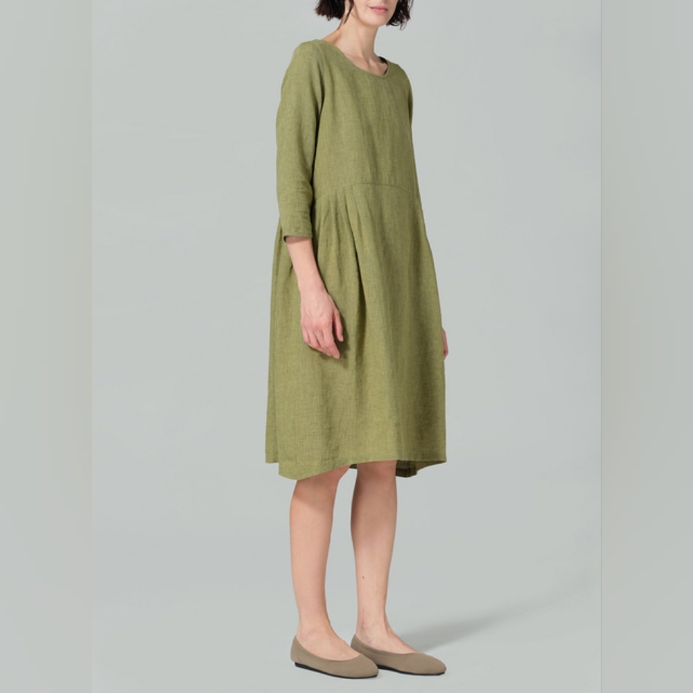 Len.Ok Green Smock Drop Waist Oversized Pleated Midi Linen Boho Eco Dress Small